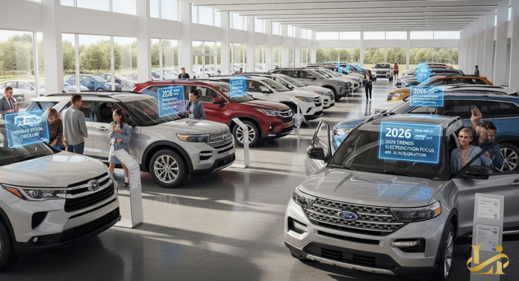 A busy car dealership showroom with multiple customers interacting with Ford Explorer SUVs, each displaying holographic information about "2026 Trends: Electrification Focus" and "Special Check-Up." The scene illustrates the implications of recalls or new trends for SUV buyers in the coming year.