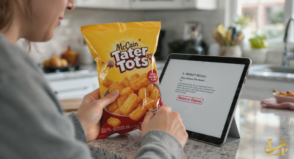 A person holds a yellow bag of McCain Tater Tots in one hand while looking at a tablet screen. The tablet displays a "Return or Dispose" instruction for the ongoing food safety recall.