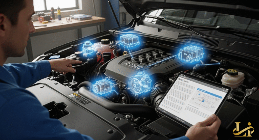 A mechanic points to a car engine with holographic overlays highlighting various components, while consulting a tablet displaying a "Recall Manual." The scene illustrates the diagnostic process and technical details behind a significant vehicle recall.