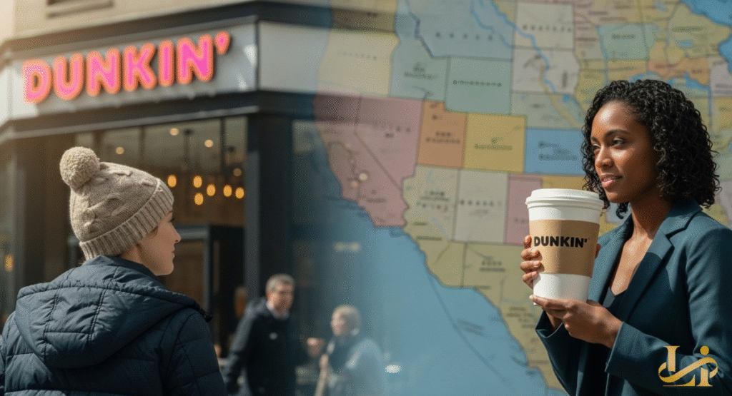 A woman holding a Dunkin' coffee cup stands against an overlay of the United States map, with a Dunkin' storefront in the background. This visual highlights the widespread availability of Dunkin' locations.