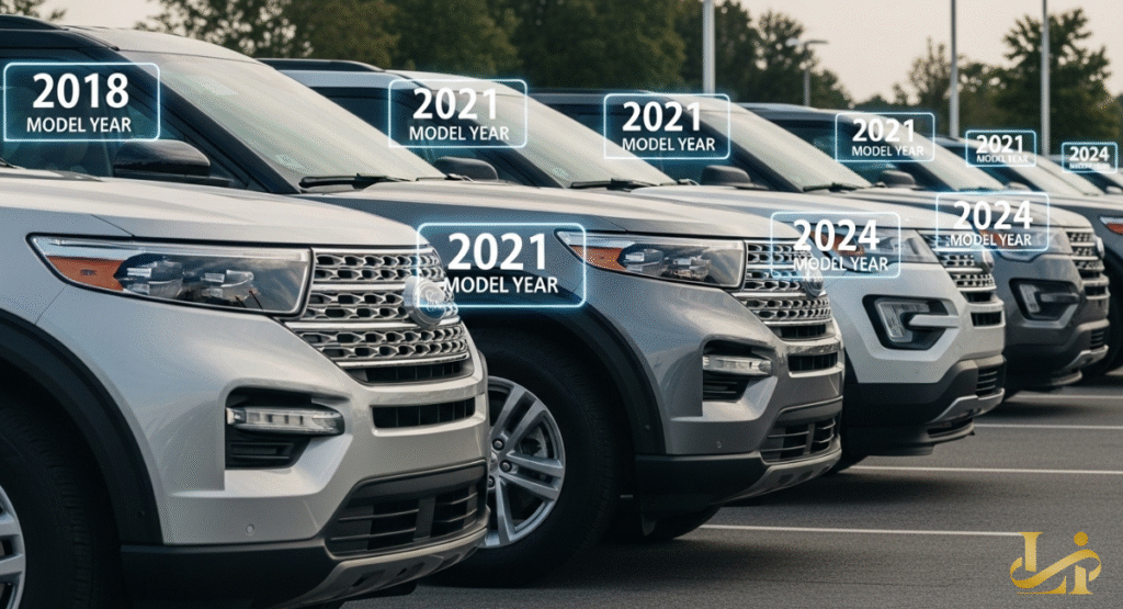 A row of gray Ford Explorer SUVs are parked, each with a holographic tag indicating different model years, from "2018" to "2024." The visual highlights which specific Ford Explorer models are affected by a recall or relevant to a particular issue.