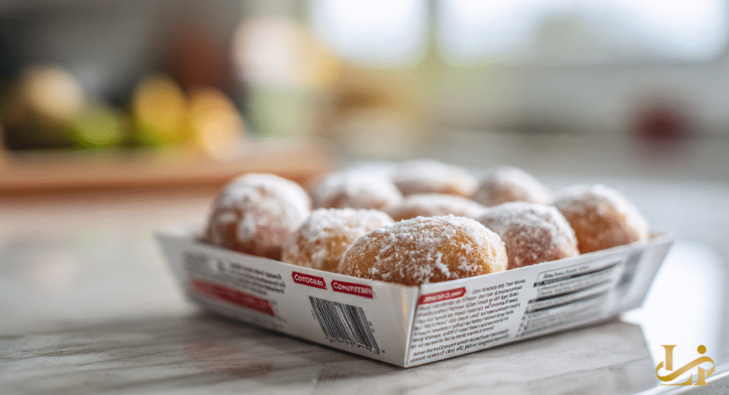 Close-up of the Mini Beignets product label showing the ingredients and the $9.99 price tag. The text focuses on the "Caramel Filled" description which incorrectly hides the presence of hazelnut.