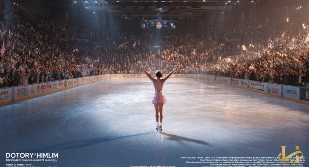 A figure skater with arms outstretched celebrates on the ice in a packed stadium, bathed in a spotlight. This triumphant pose, reminiscent of Dorothy Hamill, captures the enduring impact of an iconic athlete.
