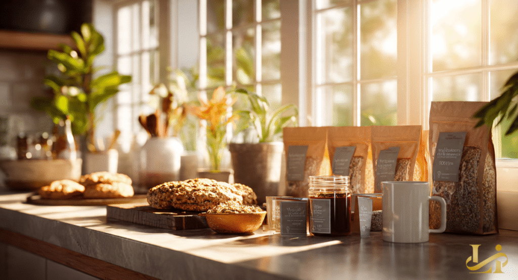 sunlit kitchen counter displays various keto-friendly baked goods, a jar of jam, and several brown paper bags. The warm morning light filters through a large window, highlighting a lifestyle focused on low-carb dietary choices.