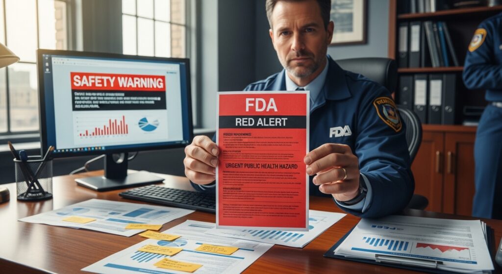 Cake Mix Recall An official in an FDA uniform holds up a red warning flyer labeled "FDA RED ALERT" and "URGENT PUBLIC HEALTH HAZARD."