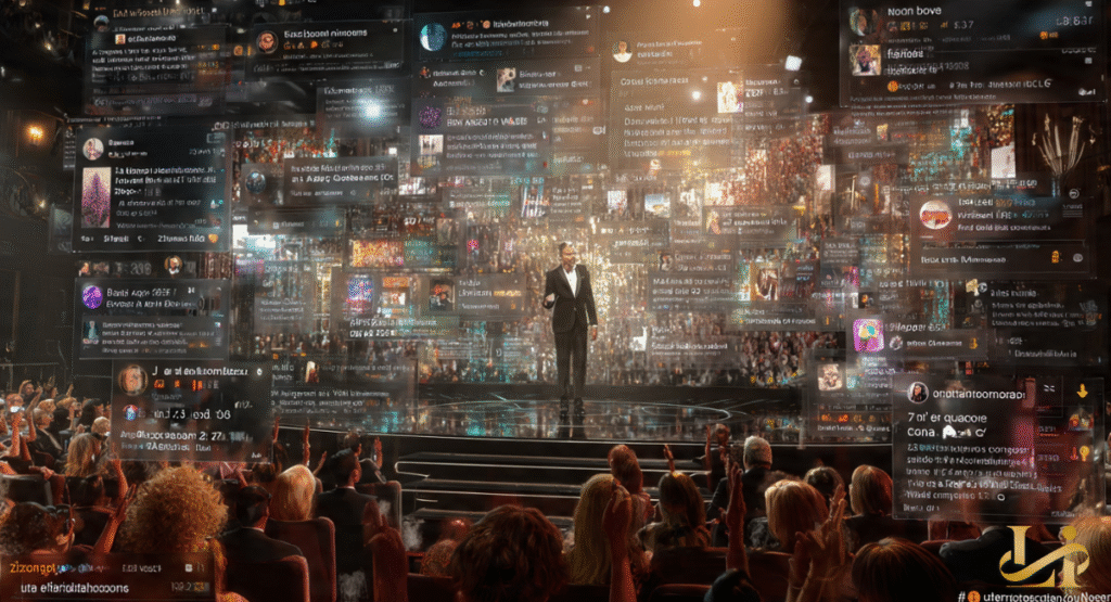 A man in a suit stands on a brightly lit stage before a large audience, surrounded by a swirling digital display of social media comments and trending topics. This visual represents a significant moment trending in entertainment, amplified by online reactions.