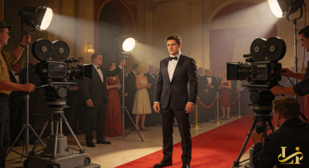 James Franco in a black polo rests his chin on clasped hands at a wooden table with film reels, books, and painted portraits on easels behind him.