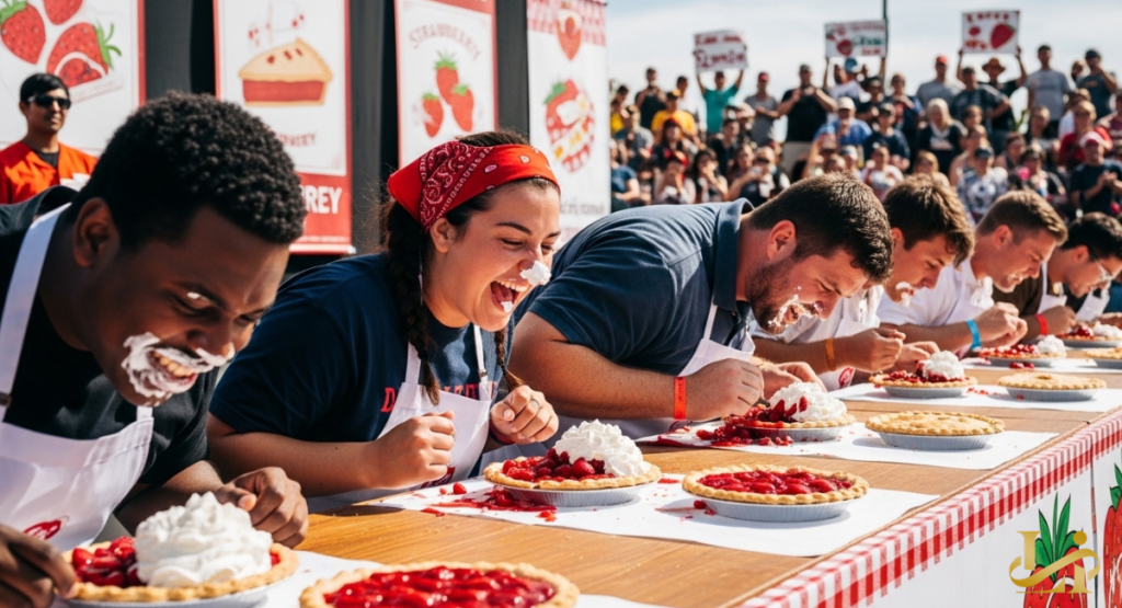 A group of people enthusiastically participate in a pie-eating contest, their faces covered in whipped cream and strawberry filling.