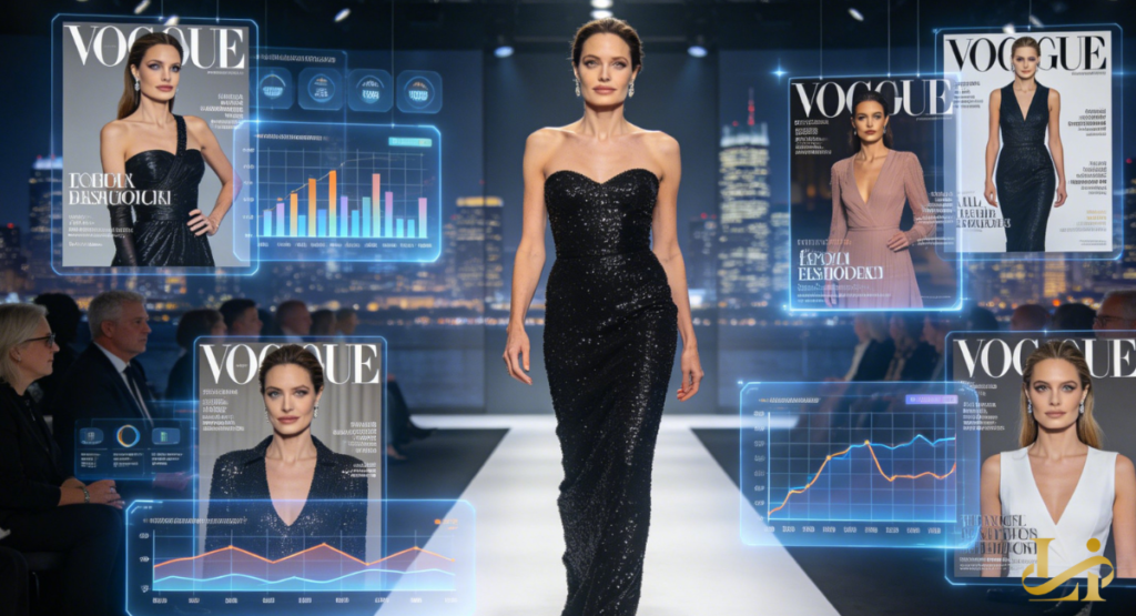 A woman walks a runway in a strapless black sequined gown surrounded by floating magazine covers. Holographic charts and trend graphs hover around the catwalk as an audience watches.