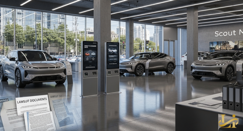 The modern showroom of Scout Motors, featuring sleek electric vehicles and interactive digital kiosks. In the foreground, a stack of "LAWSUIT DOCUMENTS" on a desk hints at ongoing legal disputes.