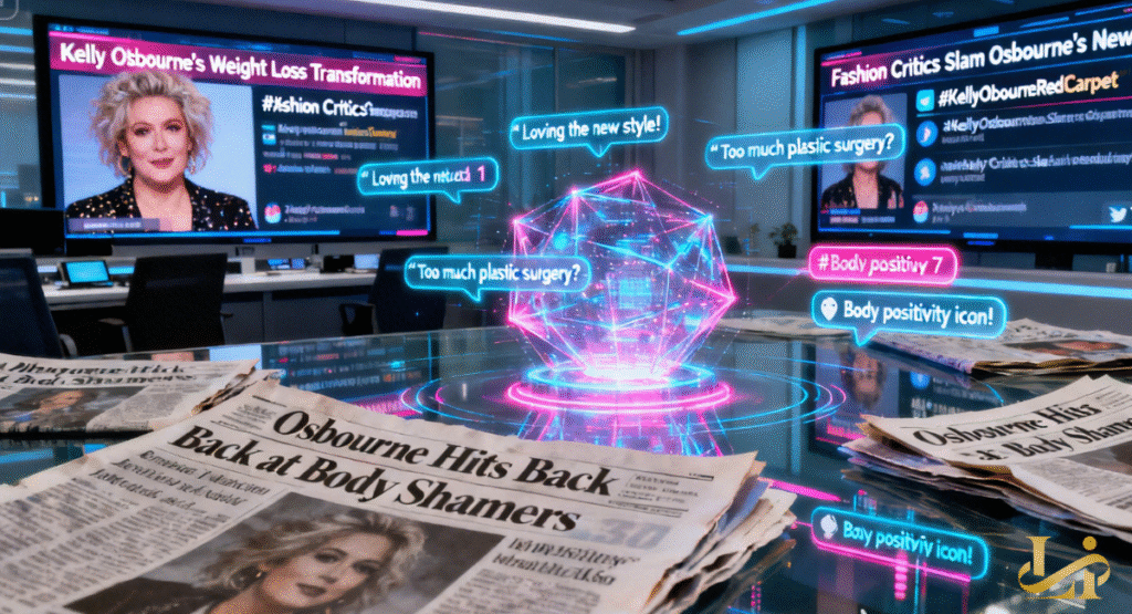 A boardroom scene with a holographic projection of social media comments about a celebrity's appearance. Newspapers on the table feature headlines like "Osbourne Hits Back at Body Shamers," reflecting ongoing debate.