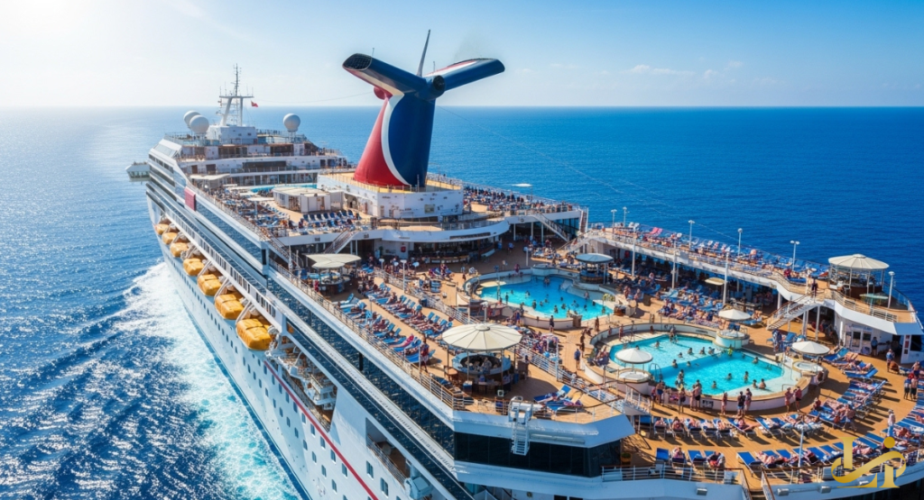 Aerial view of a large Carnival cruise line ship with a red-white-blue funnel sailing on bright blue water. Sunbathers and swimmers fill the top decks, pools, and loungers around yellow lifeboats.