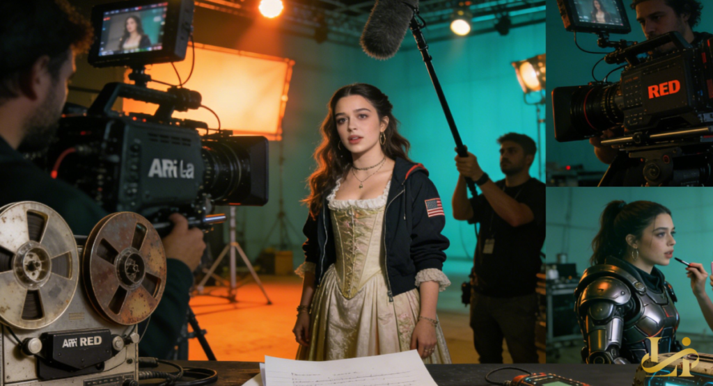 Young actress on a film set in period costume with a hoodie, framed by cameras and a boom mic. Warm studio lights glow behind her while a monitor shows her close-up during the shoot.