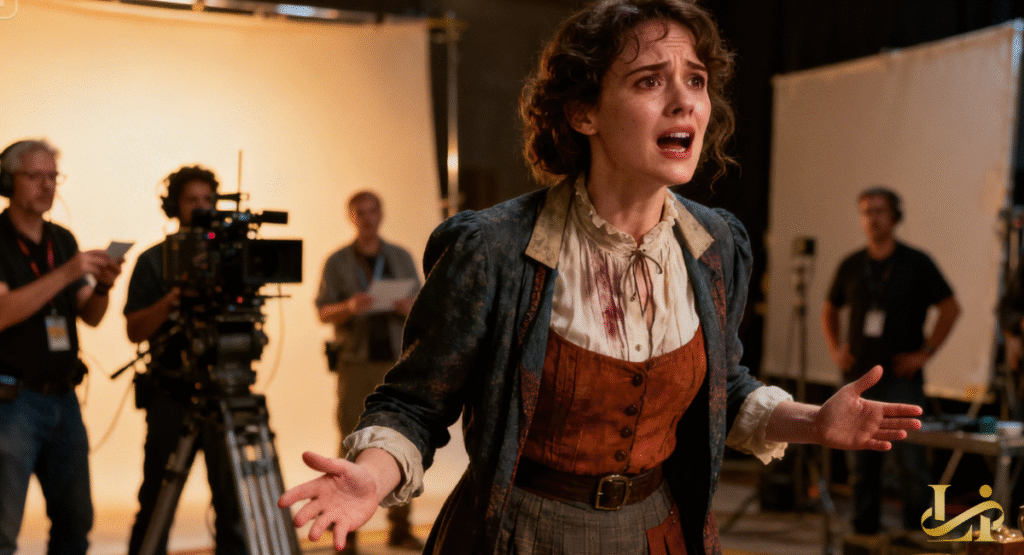An emotional actress with disheveled hair and a period outfit shouts intensely on a film set. Behind her, crew members and film equipment are visible, hinting at the filmmaking process.