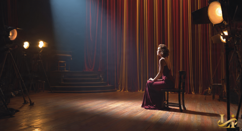 A woman in a flowing, deep red gown sits on a chair center stage, bathed in a single spotlight. The dramatic theatrical setting with heavy red curtains highlights her poised solitude.