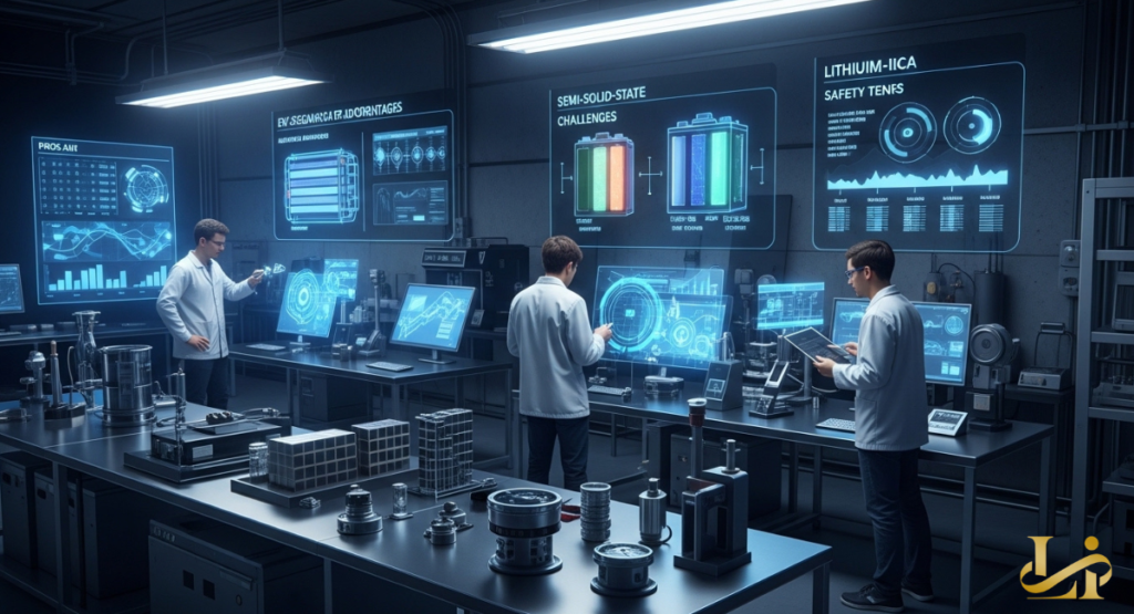 Engineers in a research lab analyzing pros, cons, and technical challenges of semi-solid-state and lithium-ion batteries.
