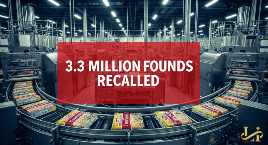 A vast food processing plant with conveyor belts carrying packaged products through automated machinery. A bold red banner overlaid on the image announces "3.3 MILLION POUNDS RECALLED," indicating a large-scale recall.
