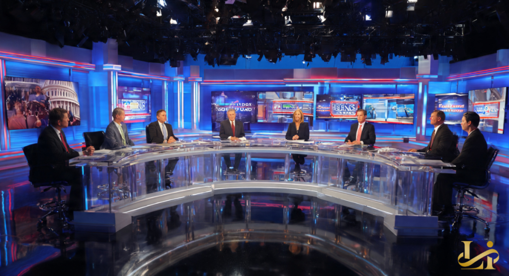 A news panel on a brightly lit set discusses current events, surrounded by screens displaying relevant headlines and graphics. This image reflects the dynamic environment of news broadcasting, often associated with allegations of political bias at CBS News.