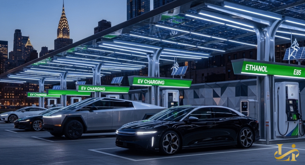 A modern fueling station offers both EV charging and ethanol E85, with several electric vehicles parked. Solar panels adorn the canopy, symbolizing a commitment to alternative and sustainable fuel options.