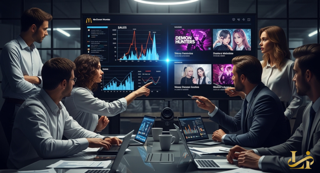 Six professionals gather around a conference table reviewing data on a large screen. Charts labeled “SALES” and images of “Demon Hunters” fill the display while laptops glow.