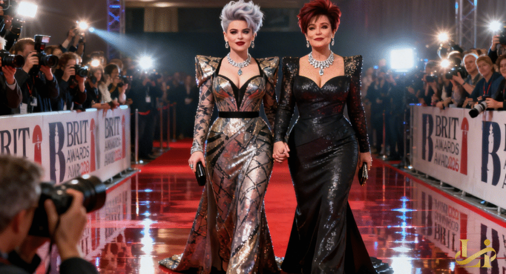 Two women, mother and daughter, walk hand-in-hand down a red carpet, elegantly dressed in formal gowns. They are surrounded by photographers with flashing cameras at a glamorous awards event.
