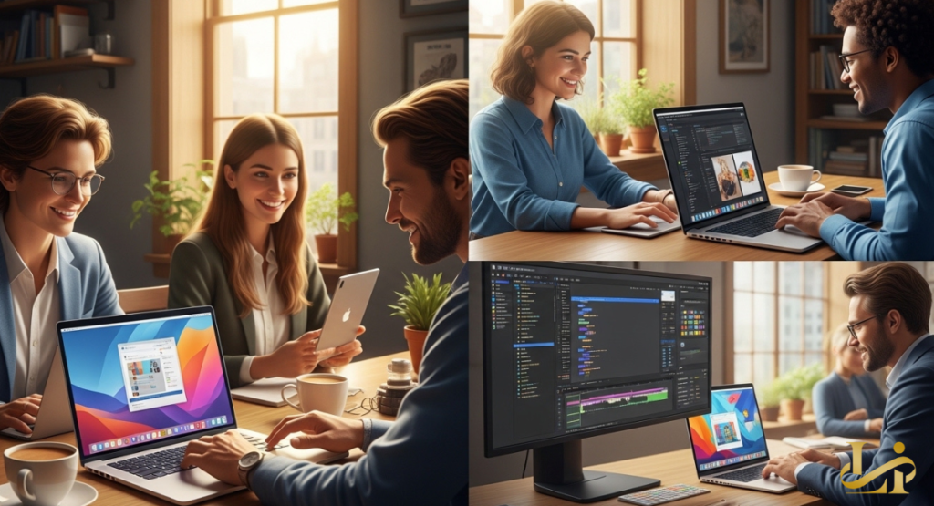 Diverse professionals collaborating on laptops and tablets in a bright, modern office setting. This image illustrates Apple's strategy to provide a MacBook for everyone, fostering collaboration and productivity.