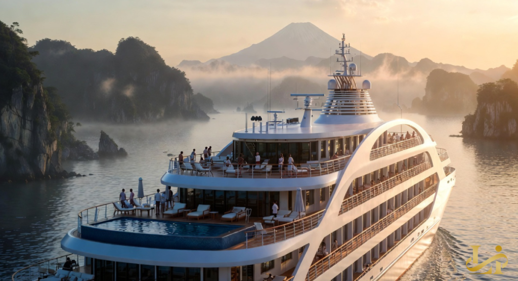 A lavish cruise ship with a stern infinity pool sails through tranquil Asian waters, surrounded by karsts. Passengers relax on sun loungers, enjoying the stunning views of misty mountains and verdant islands.