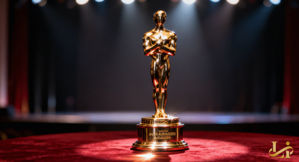 A gleaming golden award statuette stands on a red velvet table against a blurred stage backdrop. The award is inscribed with "PRIME AWARDS," signifying recognition for outstanding achievements.