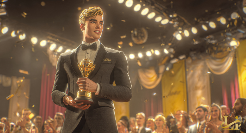 A man in a tuxedo stands on stage under glittering lights, holding a golden award trophy, with confetti falling and an audience applauding. This celebrates achievement, recognition, and the excitement of awards and nominations.