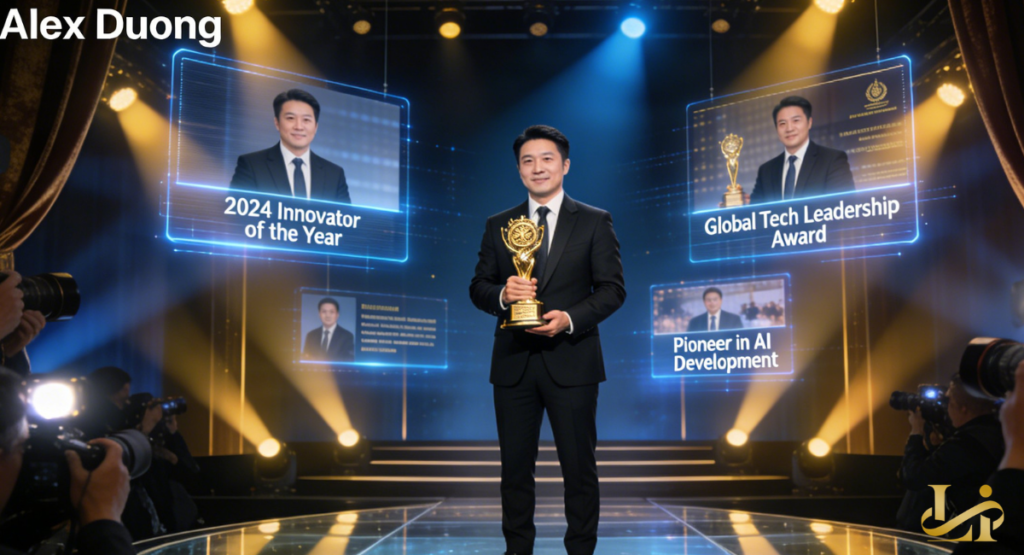 A man in a tuxedo stands on a lit stage holding a golden trophy, with digital screens highlighting awards, while photographers capture the moment from both sides.