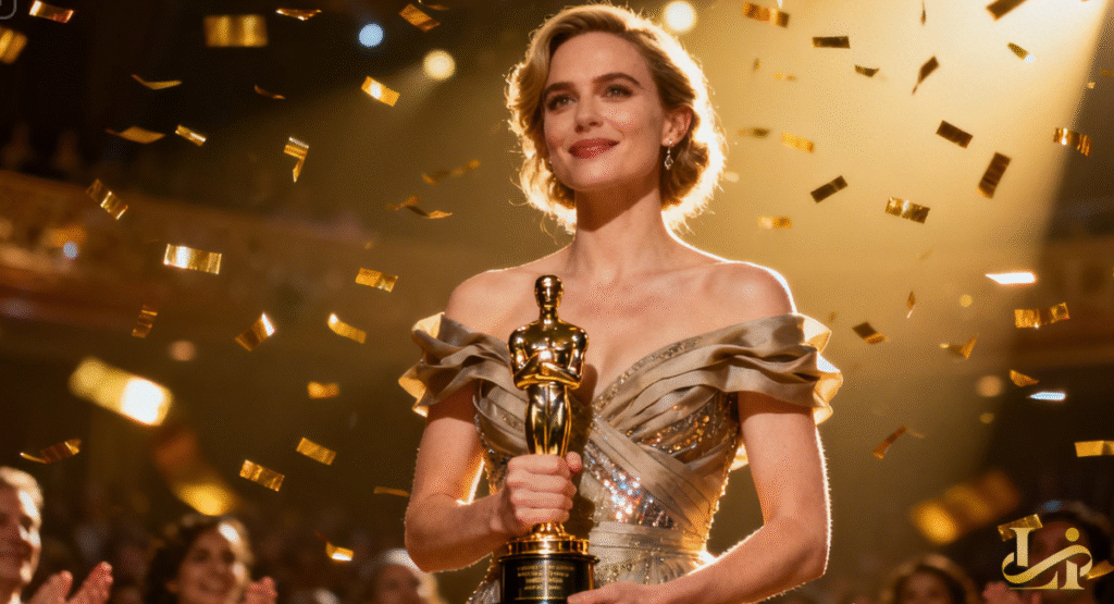 Carey Mulligan smiles brightly, holding a golden award statuette under a shower of confetti. She is wearing an elegant, off-the-shoulder gown, basking in the glow of her achievement.