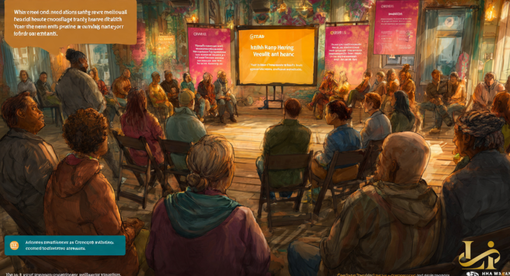 A diverse group sits in a warmly lit community hall facing a bright screen. Colorful posters and speech-bubble graphics frame a discussion on well-being.