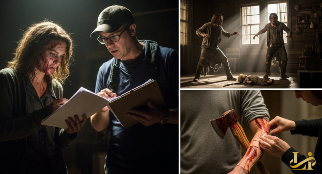 A bloodied actress reviews notes with the director beside a script, insets show rehearsal and a makeup artist applying a prosthetic wound.