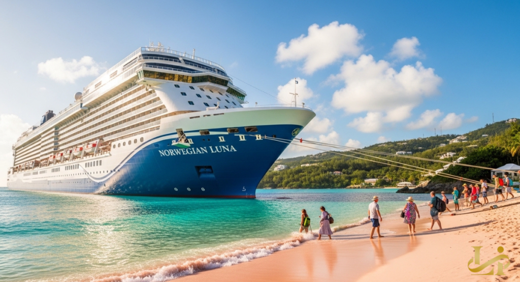 The Norwegian Luna anchors in turquoise water off a pink-sand beach under bright clouds. Visitors stroll the shoreline with green hills rising behind the bay.
