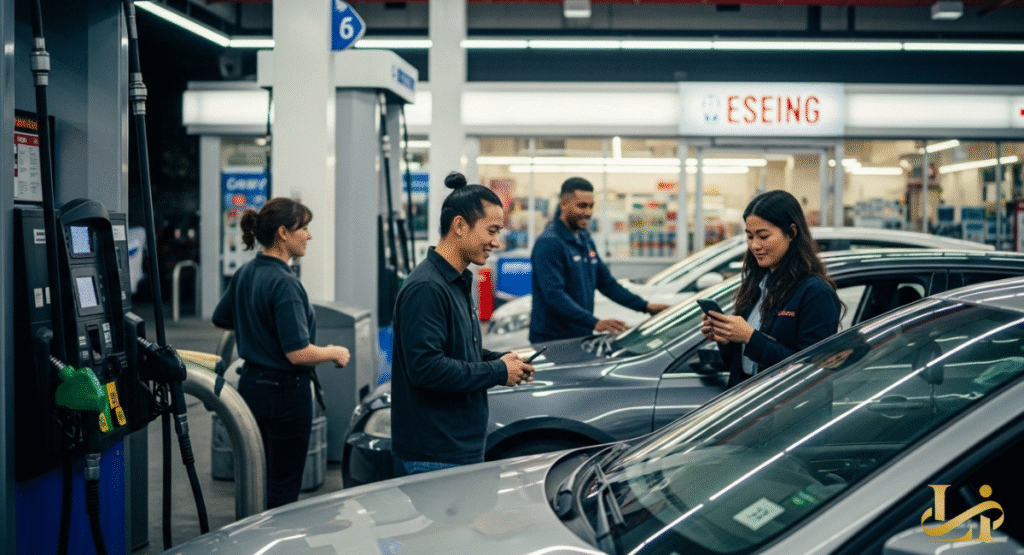 Two people interact warmly at an outdoor fuel station, one checking her phone and the other smiling. A woman in uniform assists, while another customer fills their tank in the background of this busy spot.