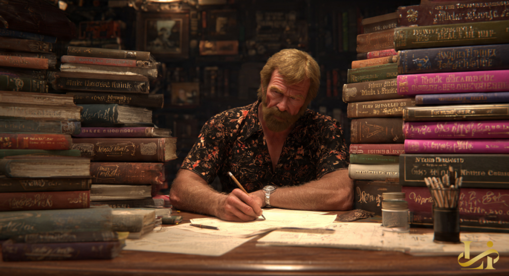 A bearded man in a patterned shirt writes at a desk surrounded by tall stacks of books. Warm lamplight fills a cozy, cluttered study.