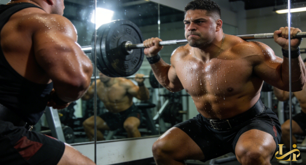 Shirtless athlete squats heavy weight in front of a gym mirror. Sweat beads run down his chest as muscles flex.