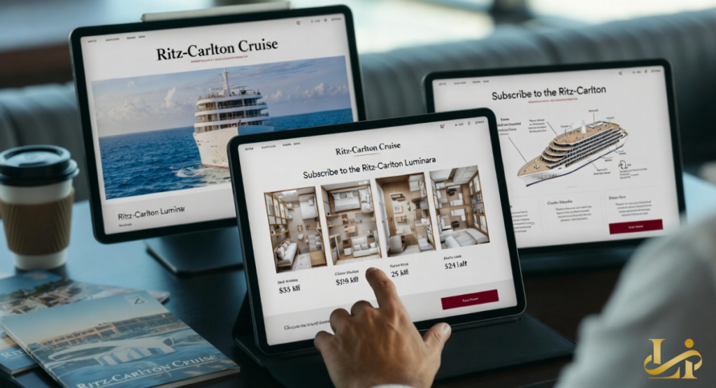 A hand interacts with a tablet displaying Ritz-Carlton Cruise booking options and cabin layouts. Two monitors in the background show cruise information, including deck plans and subscription details.