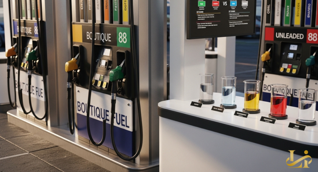 Gas station forecourt with “Boutique Fuel” and “Unleaded 88” pumps beside a display of beakers with colored fuel samples.