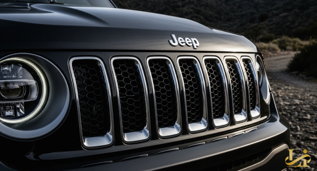 A close-up of a modern vehicle's dark gray grille with distinctive vertical slats and round headlamps. The brand name is subtly embossed above the grille, highlighting key design elements.