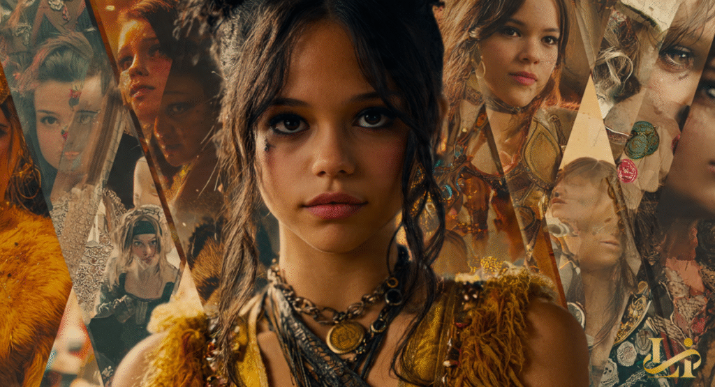 A central portrait of a young actress in a stylized, earthy costume with fierce makeup, framed by a collage of other character images. Her intense gaze and braided hair suggest a powerful and transformative role.