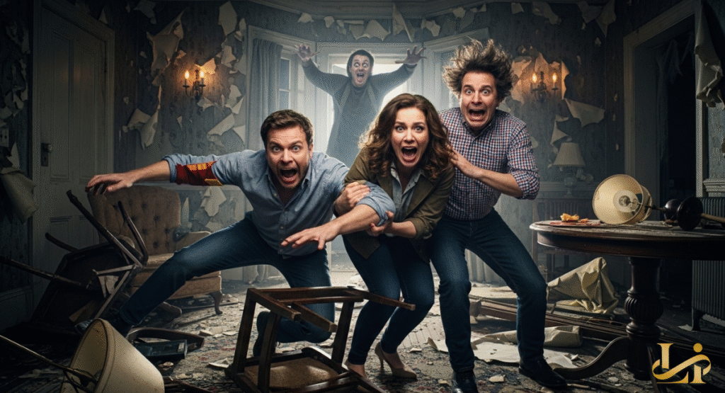 Three terrified actors in a trashed living room react to a shadowy figure looming behind them. Chairs are overturned and debris covers the floor, conveying a sense of chaotic fear and destruction.