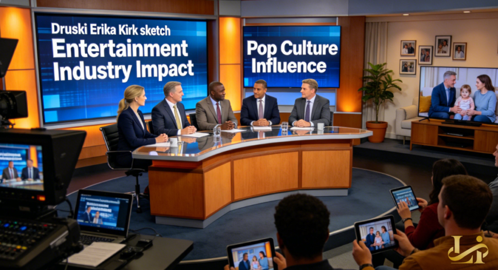 Television news panel discussing the entertainment industry impact of the Druski Erika Kirk sketch on pop culture.