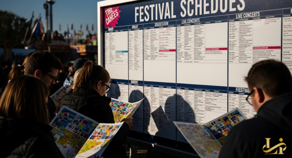 People review a large outdoor "FESTIVAL SCHEDULES" board, which lists "LIVE CONCERTS" and various event timings. This highlights the calendar of events available at a bustling outdoor festival.