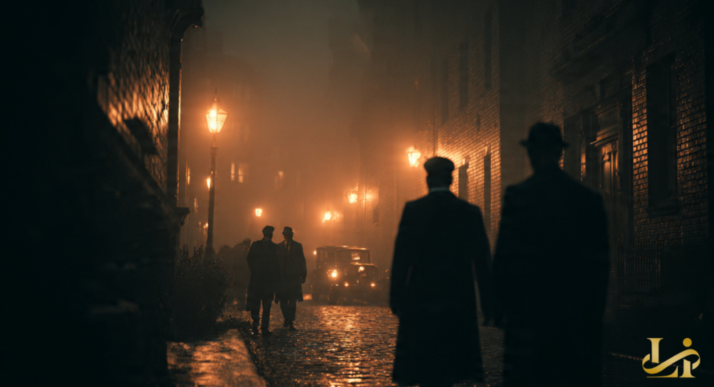 Silhouetted men in flat caps and overcoats walk down a wet cobblestone street at night, lit by amber lamps. Vintage cars and brick buildings vanish into fog, evoking a gritty early-20th-century atmosphere.