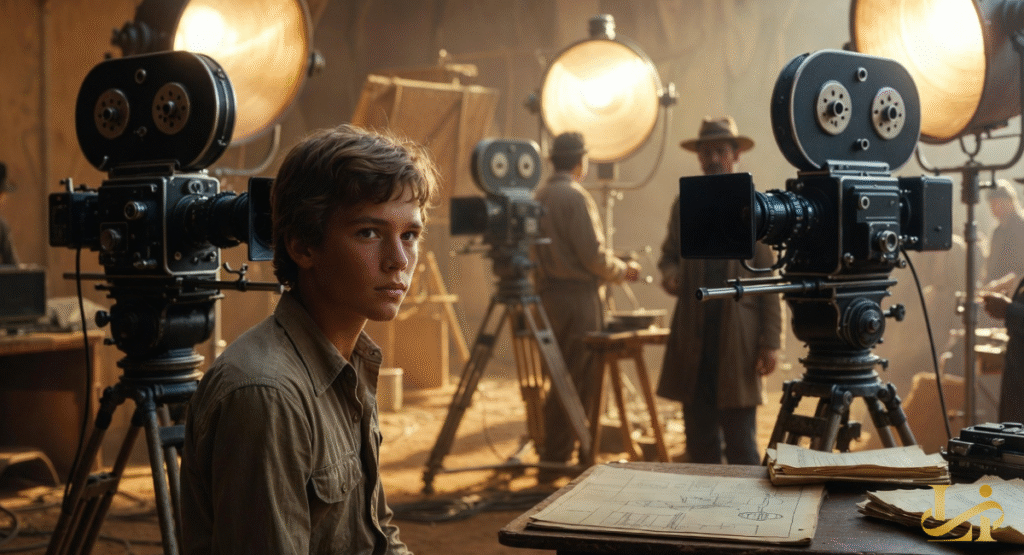 A young boy with a serious expression sits on a film set, surrounded by vintage cinema equipment. Large, warm-toned spotlights and crew members are visible in the background of this historical set.