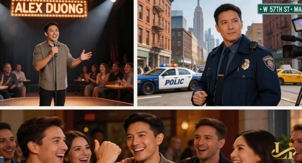 and in uniform as a police officer on a New York street set with the Empire State Building behind.