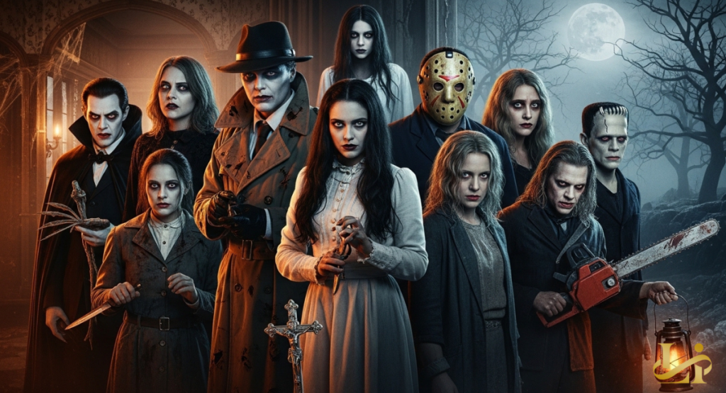 A lineup of iconic horror characters stands before a haunted house and moon, including a vampire, masked slasher, and chainsaw wielder.