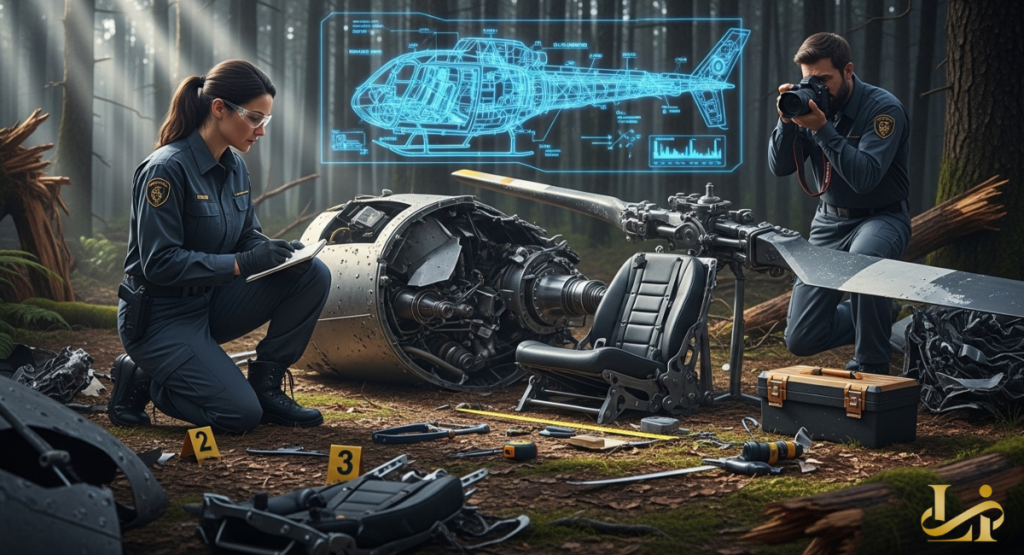 Two investigators examine helicopter wreckage in a misty forest with evidence markers and tools on the ground.