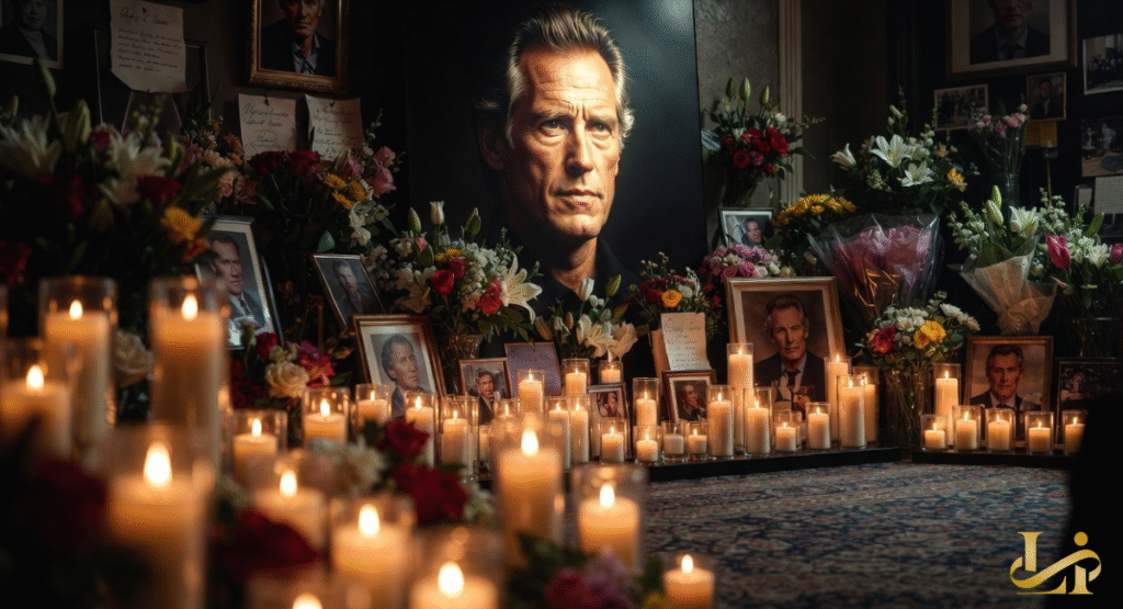 A solemn memorial display for a deceased actor, adorned with countless lit candles and flowers. Large portraits of the man and numerous smaller framed photos are surrounded by tributes.